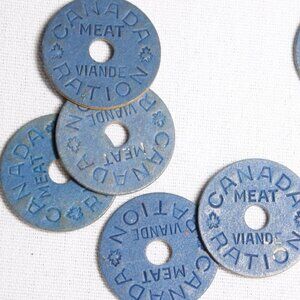 Set of 6 WWII Canada meat rationing tokens, 1945 collectible blue board coins